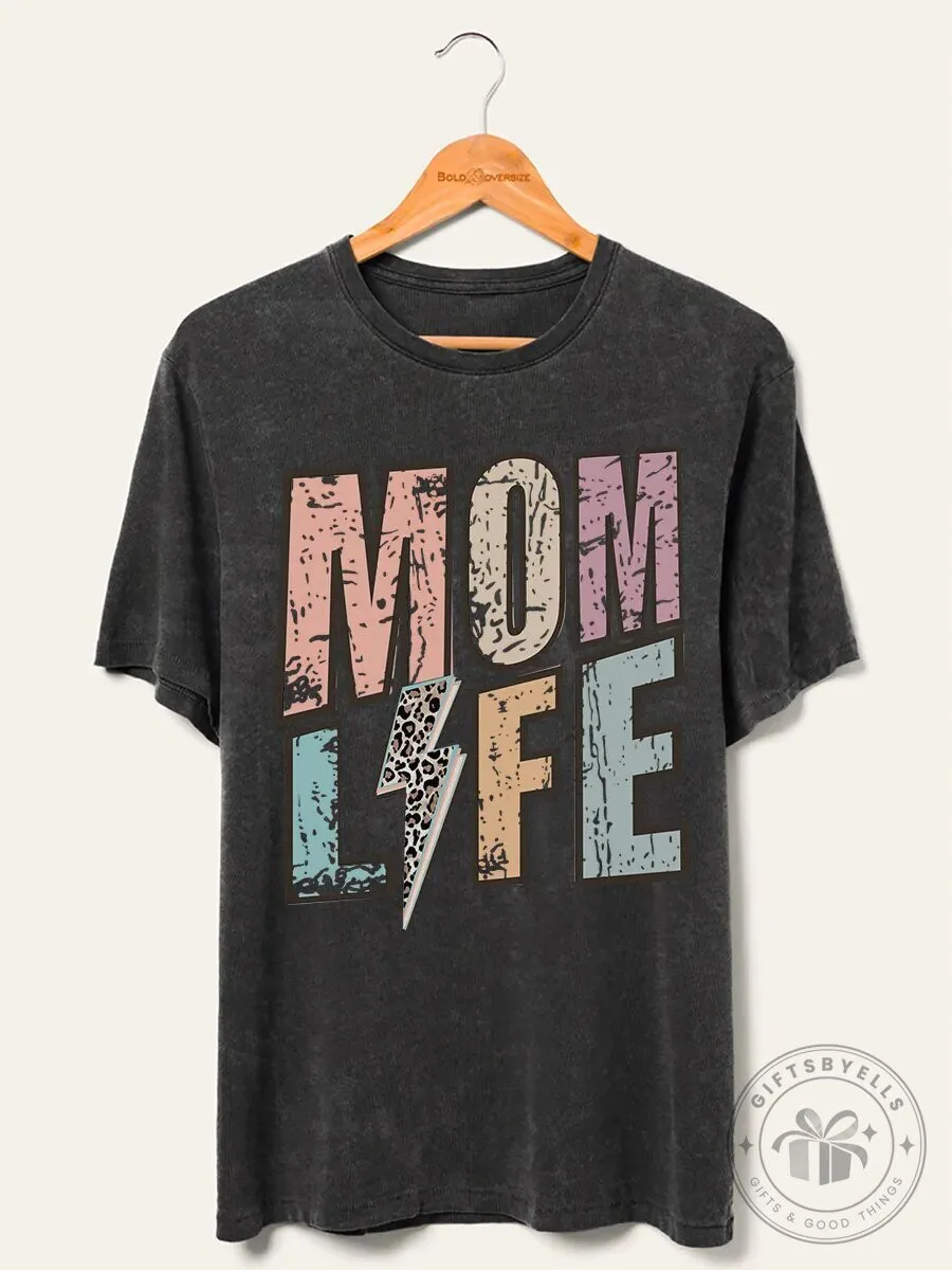 Vintage Mom Life Lightning Bolt Leopard Print Washed T-Shirt