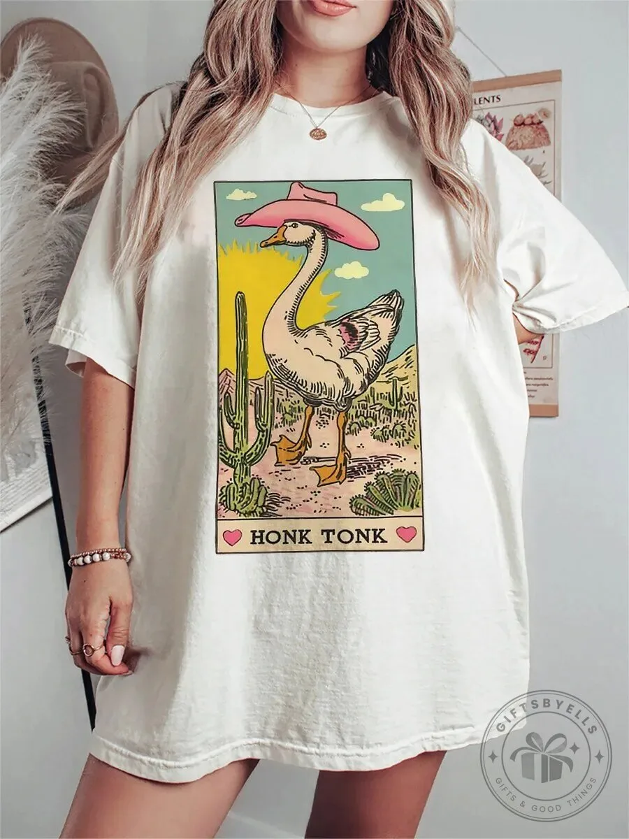Vintage Honk Tonk Goose Wearing Cowboy Hat Desert Scene Graphic T-Shirt