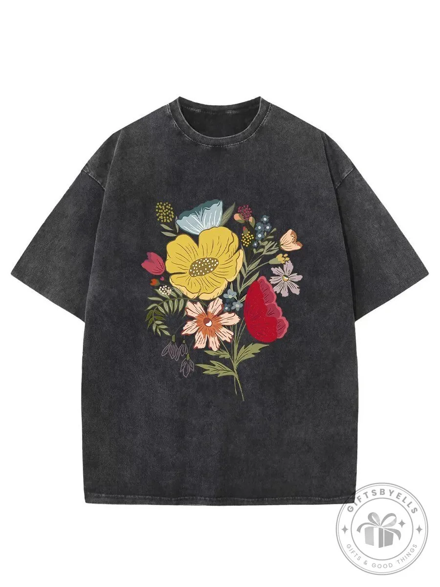 Vintage Colorful Flower Bouquet Washed Black Short Sleeve T-Shirt