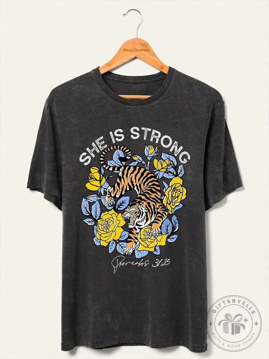 She Is Strong Tiger and Yellow Roses Vintage Washed T-Shirt
