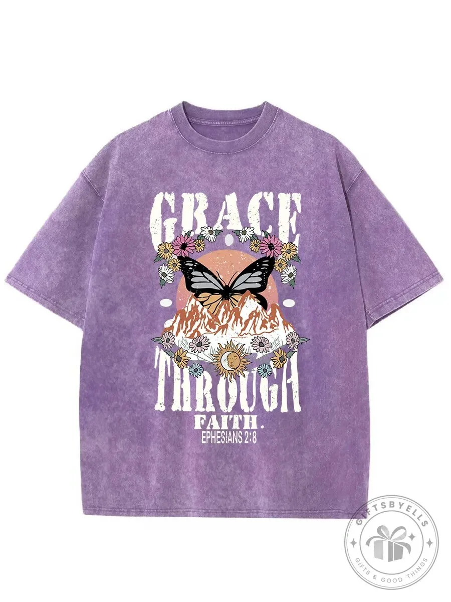 Grace Through Faith Ephesians 2:8 Butterfly Mountain Washed T-Shirt